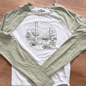 Hollister Sage Green and White Cactus Graphic Tee